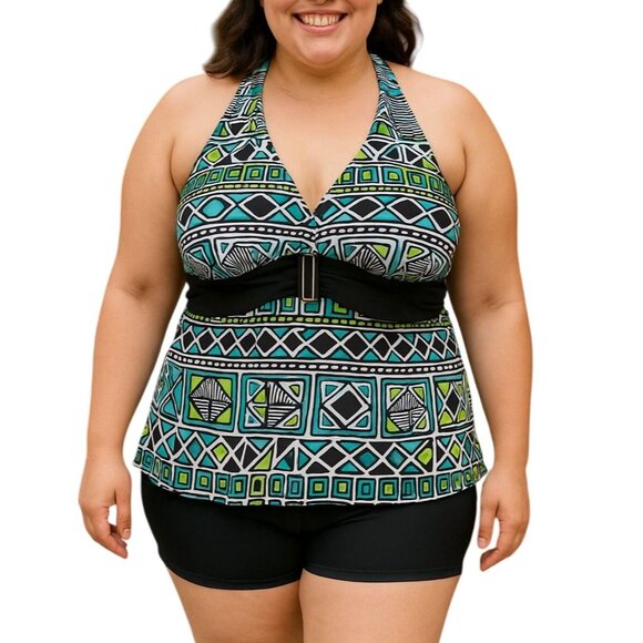 Bamboo Halter Tankini Swim Top Geometric Print Black Waist Detail Size XL - Picture 1 of 6